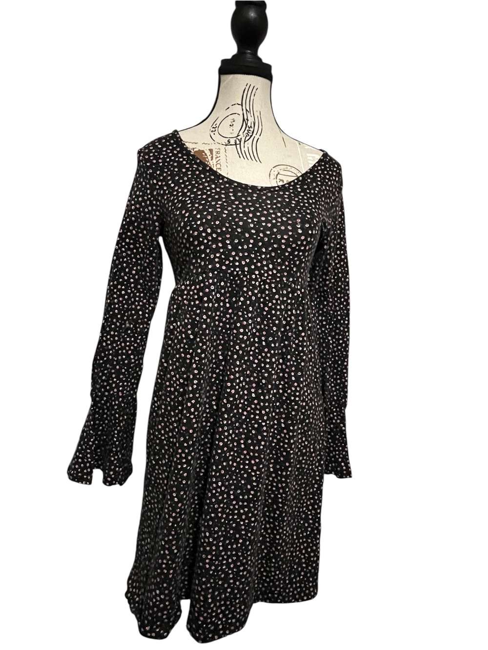 VTG 90s Bongo Black Floral Dress Long Bell Sleeve Empire Waist Grunge Whimsigoth